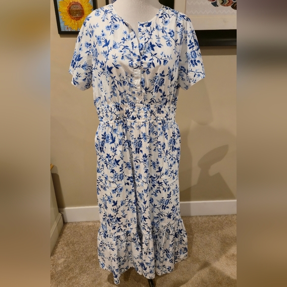 French Connection Dresses & Skirts - Floral Blue and White 100% Cotton Maxi Dress With Ruffle Hem